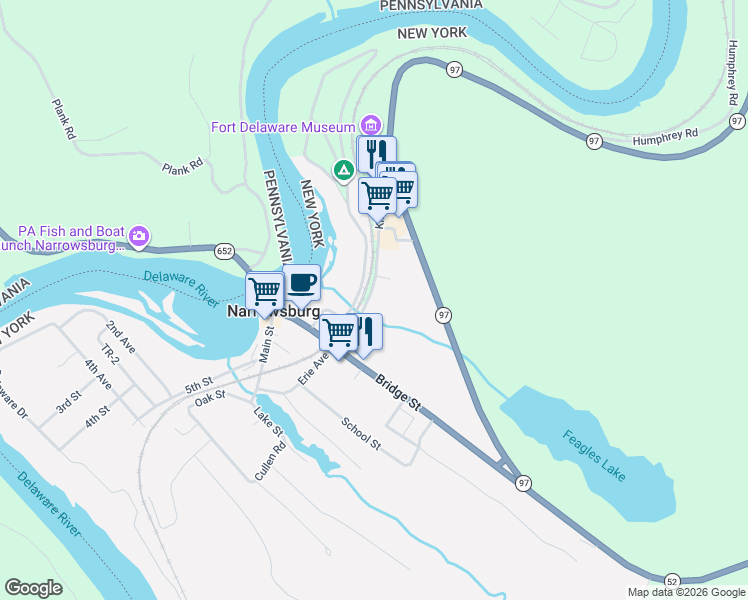 map of restaurants, bars, coffee shops, grocery stores, and more near 29 De Mauro Lane in Narrowsburg