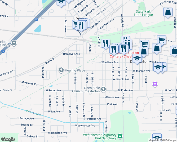 map of restaurants, bars, coffee shops, grocery stores, and more near Prairie Duneland Trail in Chesterton