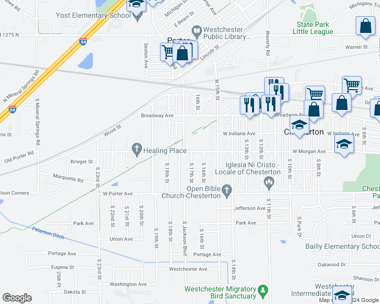 map of restaurants, bars, coffee shops, grocery stores, and more near Prairie Duneland Trail in Chesterton