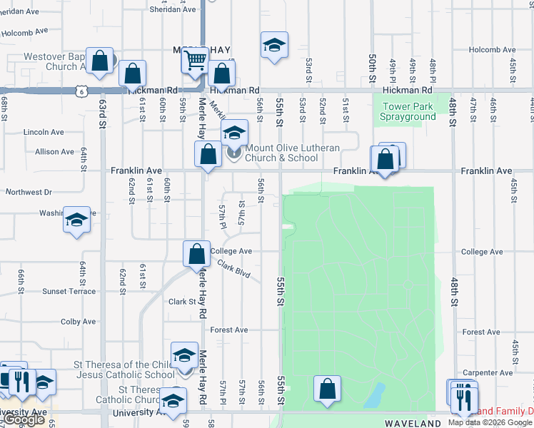 map of restaurants, bars, coffee shops, grocery stores, and more near 1800 56th Street in Des Moines