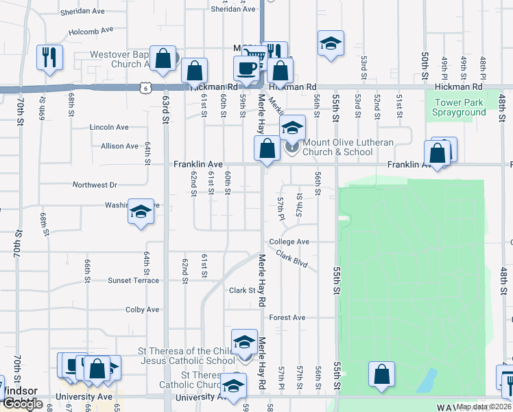 map of restaurants, bars, coffee shops, grocery stores, and more near 1801 Merle Hay Road in Des Moines