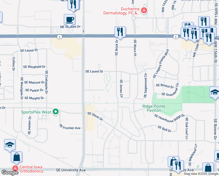 map of restaurants, bars, coffee shops, grocery stores, and more near 1200 Southeast Laurel Street in Waukee