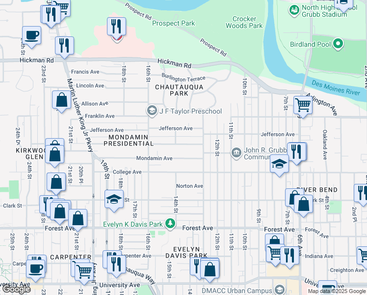 map of restaurants, bars, coffee shops, grocery stores, and more near 1334 Washington Avenue in Des Moines