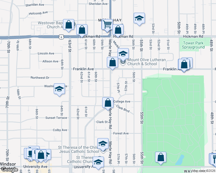 map of restaurants, bars, coffee shops, grocery stores, and more near 1801 Merle Hay Road in Des Moines