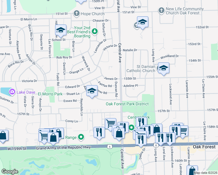 map of restaurants, bars, coffee shops, grocery stores, and more near 5649 Fairfax Road in Oak Forest