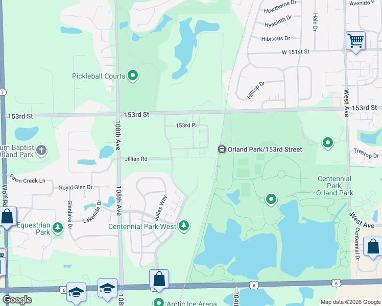 map of restaurants, bars, coffee shops, grocery stores, and more near 10613 West 154th Street in Orland Park