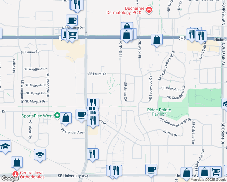 map of restaurants, bars, coffee shops, grocery stores, and more near 1200 Southeast Laurel Street in Waukee