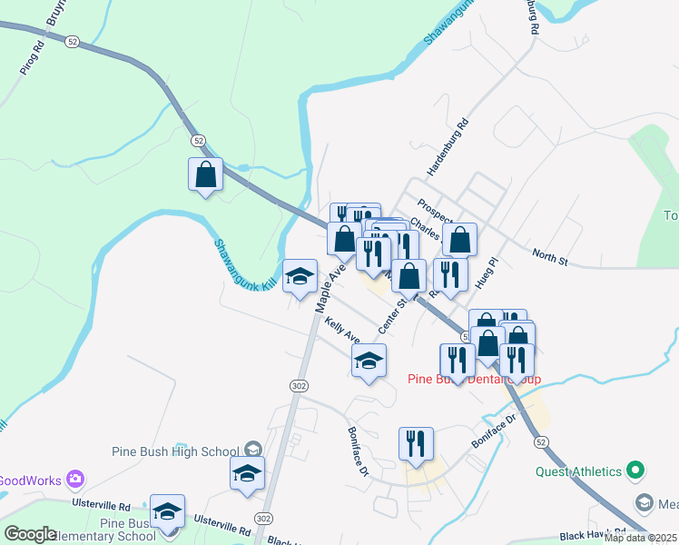 map of restaurants, bars, coffee shops, grocery stores, and more near 112 Maple Avenue in Pine Bush