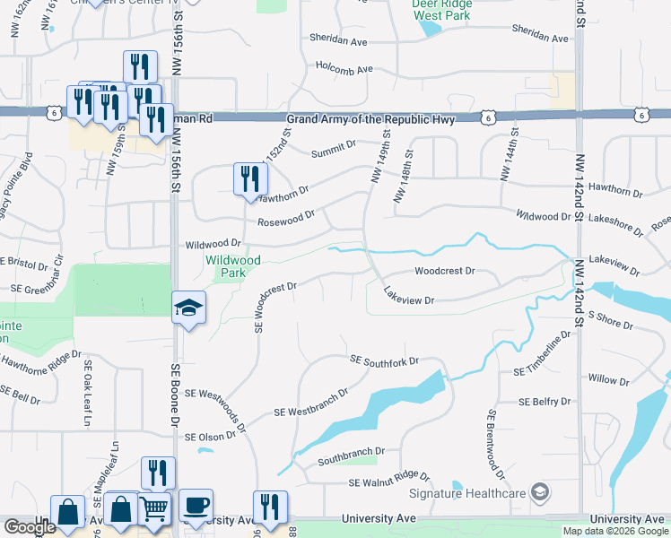 map of restaurants, bars, coffee shops, grocery stores, and more near 15010 Wildwood Drive in Clive