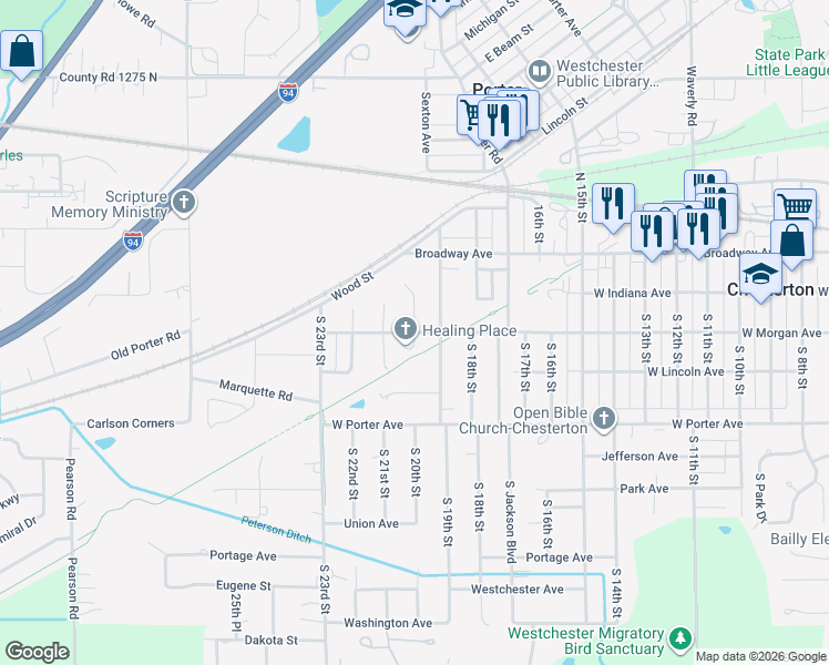 map of restaurants, bars, coffee shops, grocery stores, and more near 298 South 20th Street in Chesterton