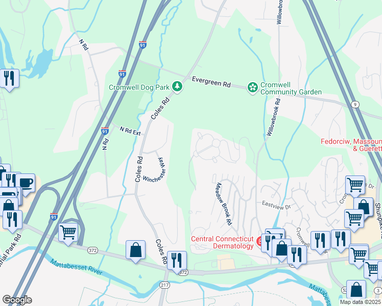 map of restaurants, bars, coffee shops, grocery stores, and more near 19 Woodsboro Circle in Cromwell