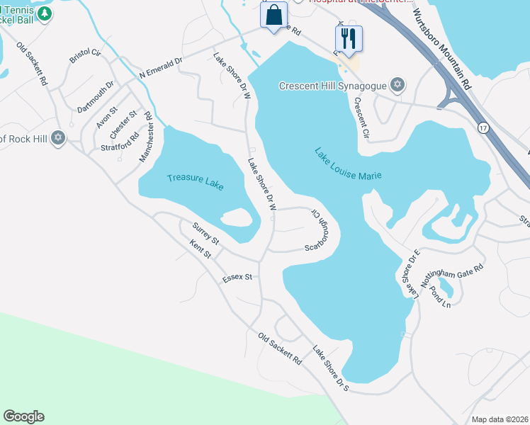 map of restaurants, bars, coffee shops, grocery stores, and more near 90 Lake Shore Drive West in Rock Hill