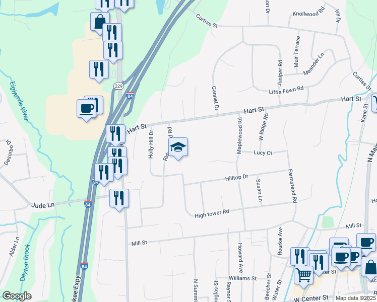 map of restaurants, bars, coffee shops, grocery stores, and more near 501 Ridgewood Road in Southington