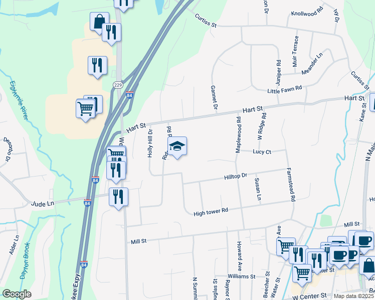 map of restaurants, bars, coffee shops, grocery stores, and more near 501 Ridgewood Road in Southington