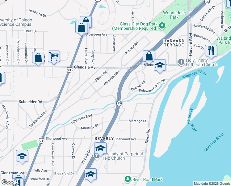 map of restaurants, bars, coffee shops, grocery stores, and more near 1607 Watova Road in Toledo