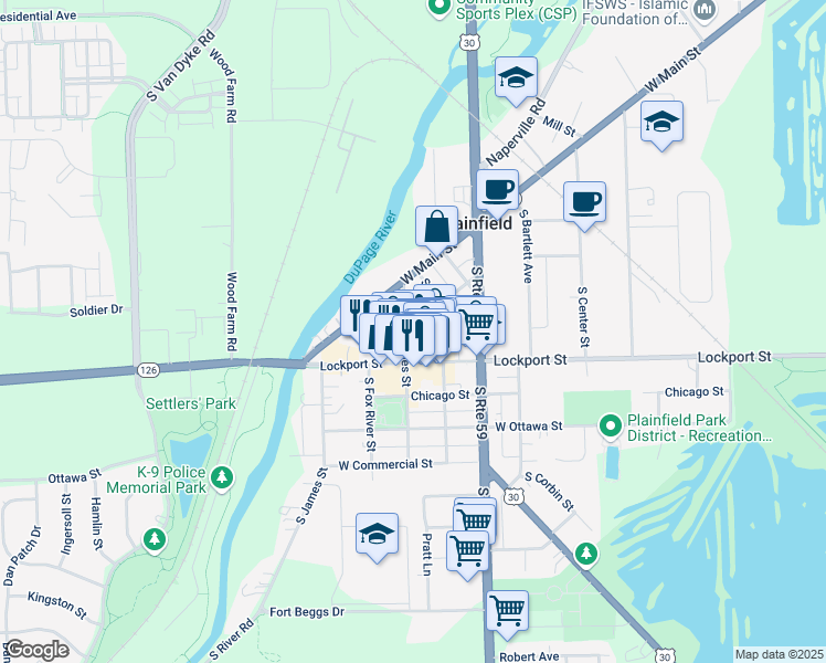 map of restaurants, bars, coffee shops, grocery stores, and more near 24043 West Oak Street in Plainfield