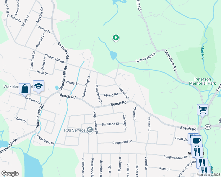map of restaurants, bars, coffee shops, grocery stores, and more near 23 Alcott Road in Wolcott