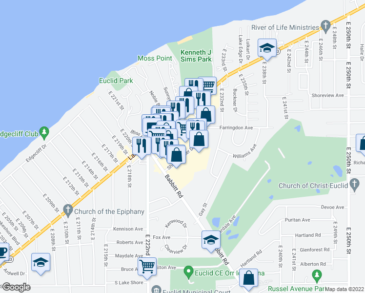 map of restaurants, bars, coffee shops, grocery stores, and more near 22469 Shore Center Drive in Euclid