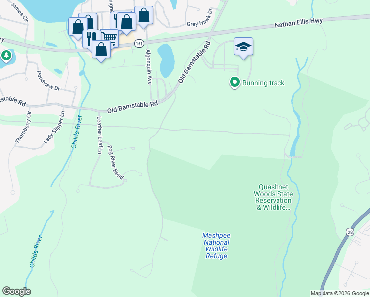 map of restaurants, bars, coffee shops, grocery stores, and more near 572 Bates Road in Mashpee