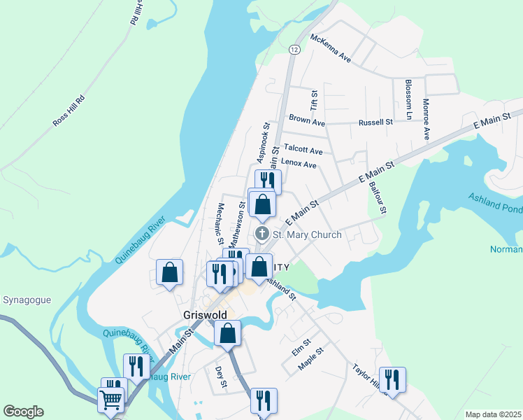 map of restaurants, bars, coffee shops, grocery stores, and more near 96 North Main Street in Griswold