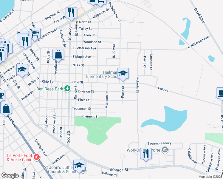 map of restaurants, bars, coffee shops, grocery stores, and more near 104 Morrison Street in La Porte