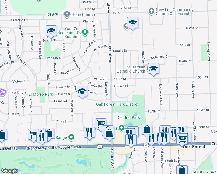 map of restaurants, bars, coffee shops, grocery stores, and more near in Oak Forest