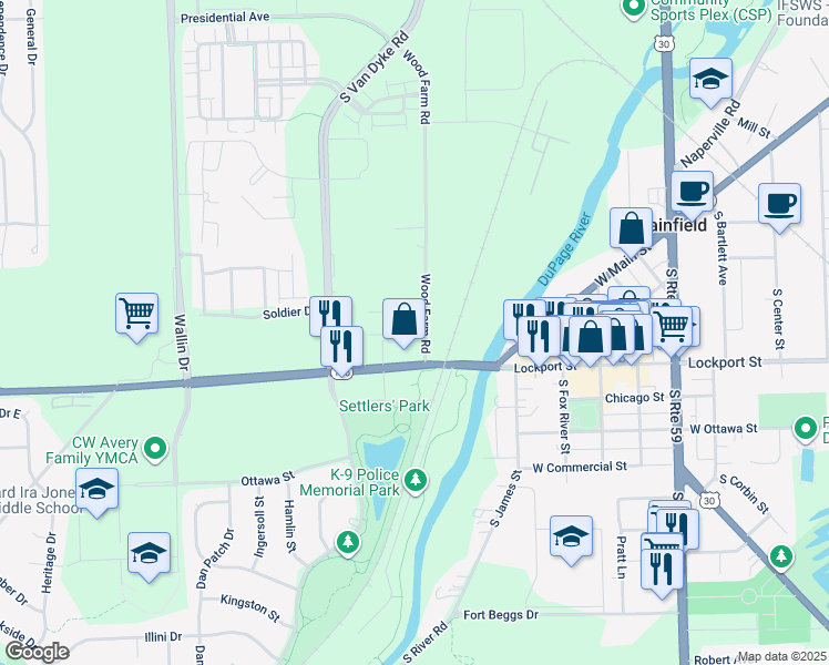 map of restaurants, bars, coffee shops, grocery stores, and more near 14950 Wood Farm Road in Plainfield