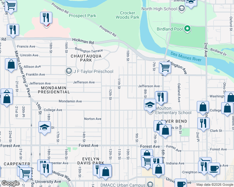 map of restaurants, bars, coffee shops, grocery stores, and more near 1734 11th Street in Des Moines