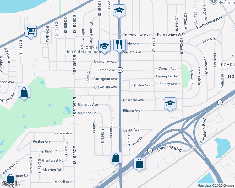 map of restaurants, bars, coffee shops, grocery stores, and more near 650 East 260th Street in Euclid