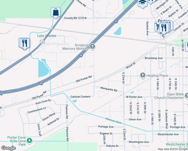 map of restaurants, bars, coffee shops, grocery stores, and more near 68 South Mineral Springs Road in Porter