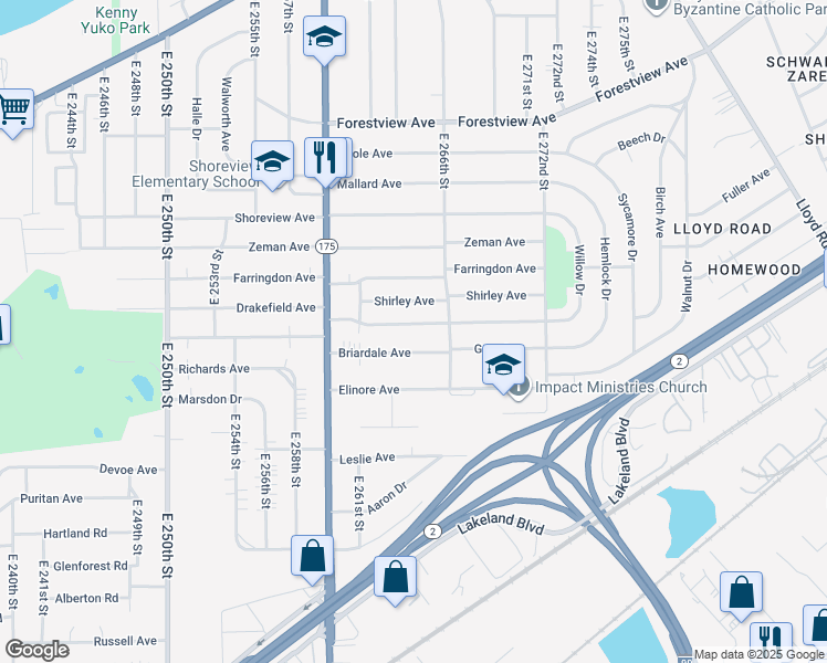 map of restaurants, bars, coffee shops, grocery stores, and more near 26460 Drakefield Avenue in Euclid