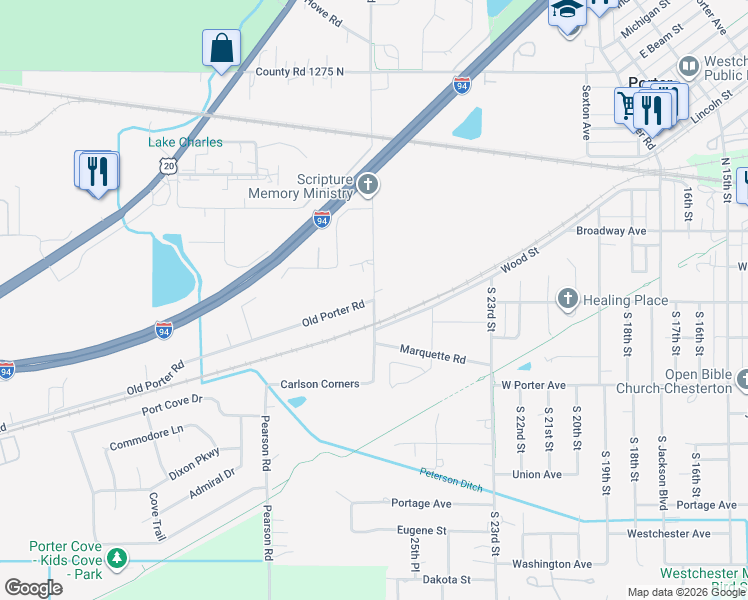 map of restaurants, bars, coffee shops, grocery stores, and more near 200 Old Porter Road in Porter