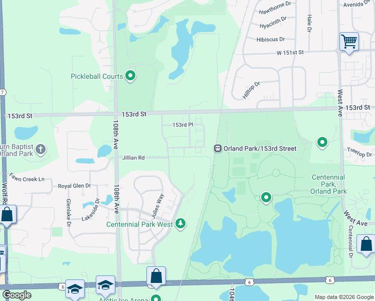 map of restaurants, bars, coffee shops, grocery stores, and more near 10613 West 154th Street in Orland Park