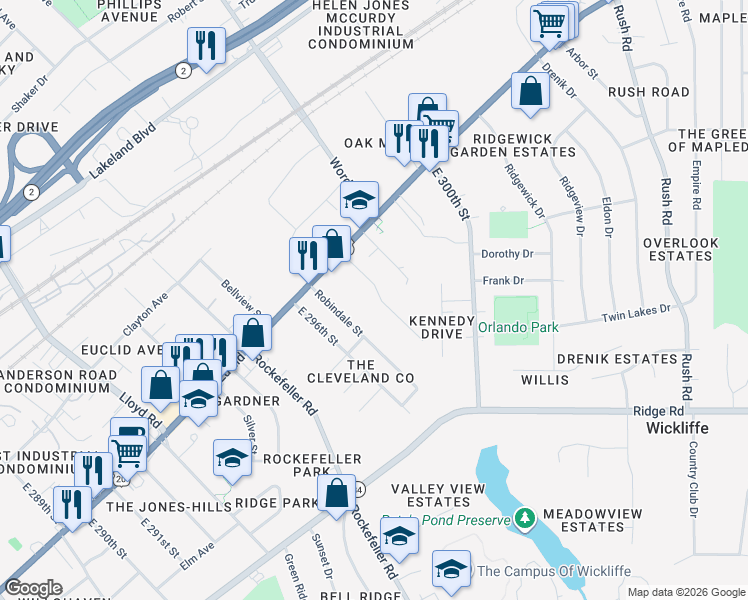 map of restaurants, bars, coffee shops, grocery stores, and more near 298 East 298th Street in Wickliffe
