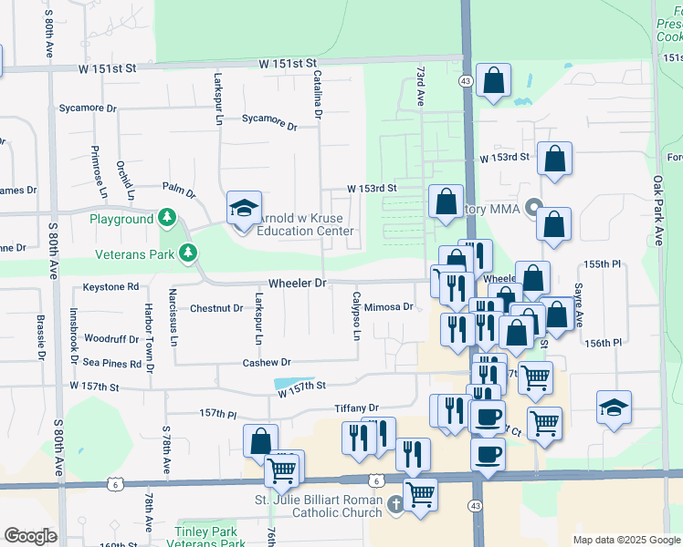 map of restaurants, bars, coffee shops, grocery stores, and more near 15418 Begonia Court in Orland Park