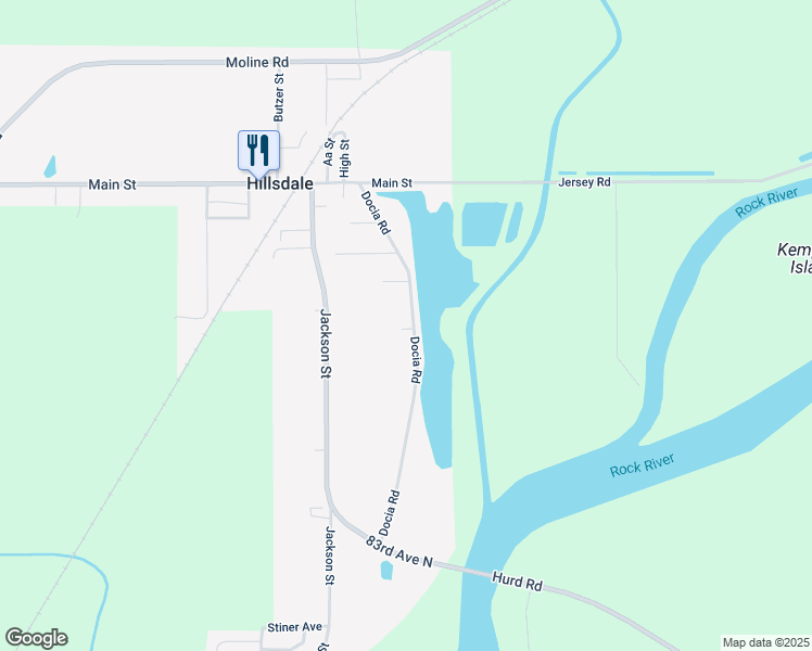 map of restaurants, bars, coffee shops, grocery stores, and more near 406 Docia Street in Hillsdale