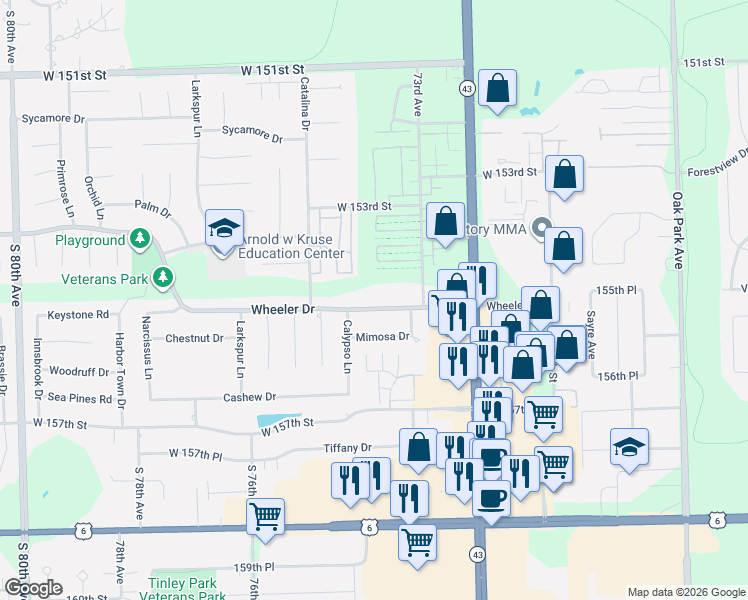 map of restaurants, bars, coffee shops, grocery stores, and more near 15500 73rd Avenue in Orland Park