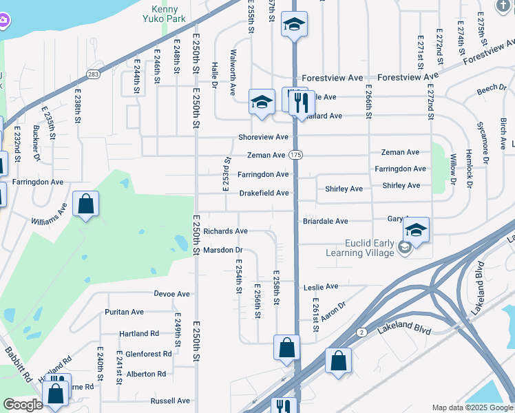 map of restaurants, bars, coffee shops, grocery stores, and more near 25601 Briardale Avenue in Euclid