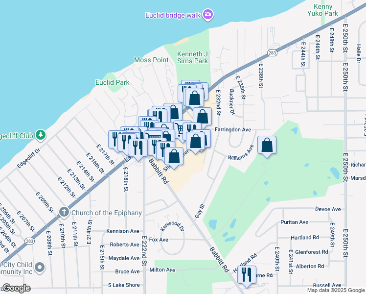 map of restaurants, bars, coffee shops, grocery stores, and more near 22469 Shore Center Drive in Euclid