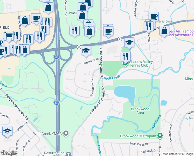 map of restaurants, bars, coffee shops, grocery stores, and more near 1655 Wyandotte Boulevard in Maumee