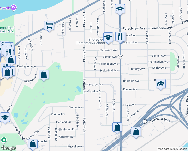 map of restaurants, bars, coffee shops, grocery stores, and more near 25291 Briardale Avenue in Euclid
