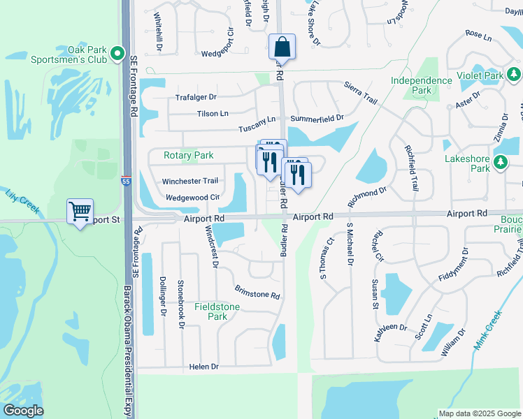 map of restaurants, bars, coffee shops, grocery stores, and more near 397 Wallace Way in Romeoville