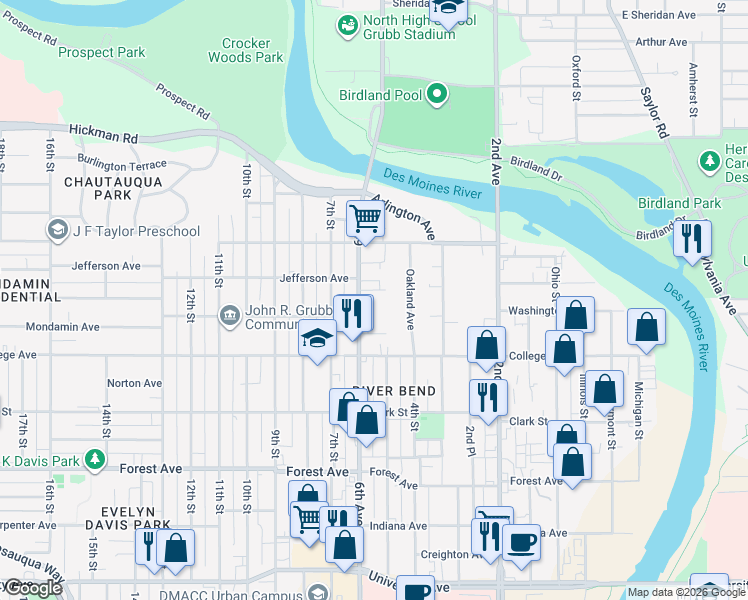 map of restaurants, bars, coffee shops, grocery stores, and more near 1717 6th Avenue in Des Moines