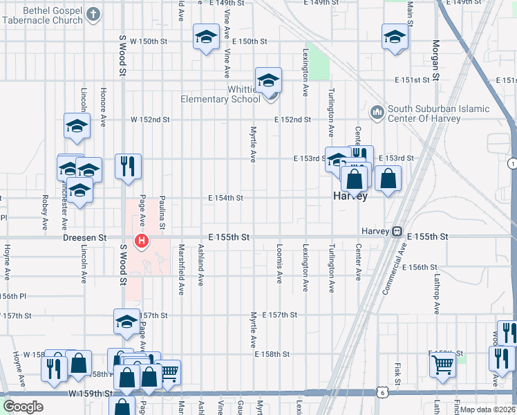 map of restaurants, bars, coffee shops, grocery stores, and more near 61 East 154th Street in Harvey