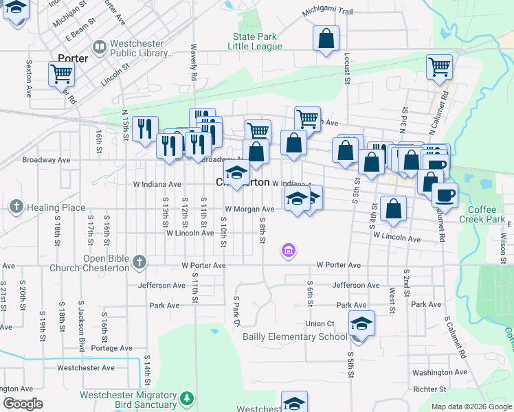 map of restaurants, bars, coffee shops, grocery stores, and more near 200-298 South 8th Street in Chesterton