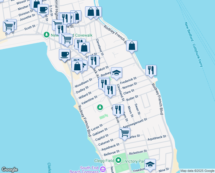 map of restaurants, bars, coffee shops, grocery stores, and more near 674-676 Brock Avenue in New Bedford