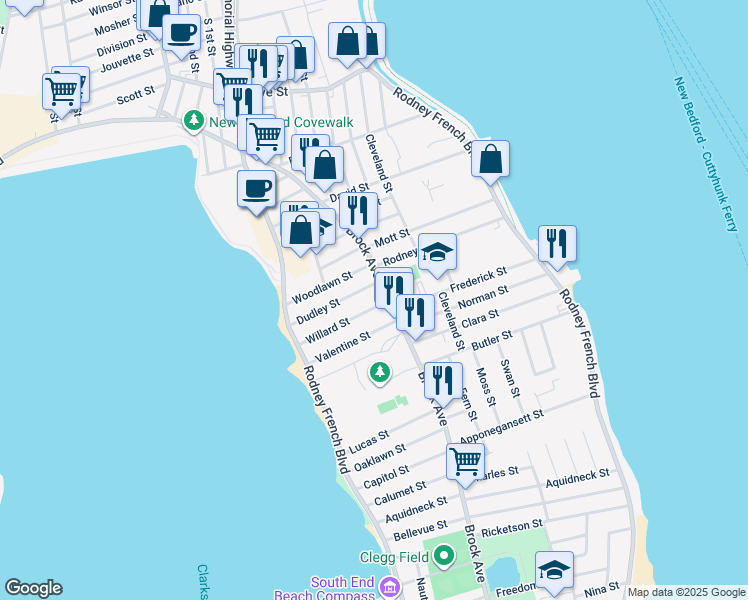 map of restaurants, bars, coffee shops, grocery stores, and more near 19 Dudley Street in New Bedford