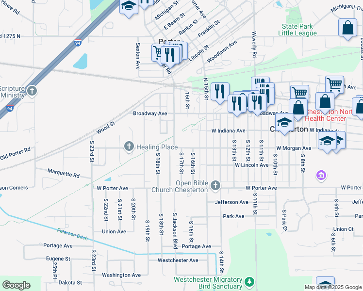 map of restaurants, bars, coffee shops, grocery stores, and more near Prairie Duneland Trail in Chesterton