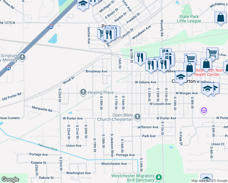 map of restaurants, bars, coffee shops, grocery stores, and more near Prairie Duneland Trail in Chesterton