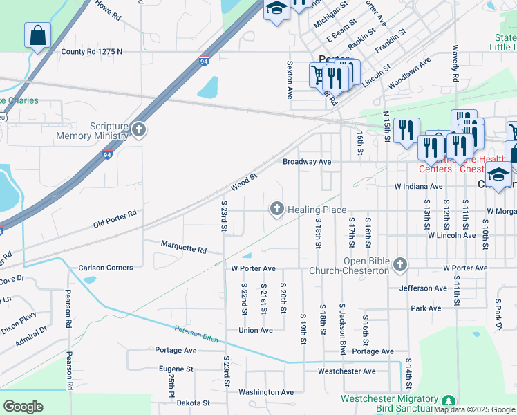 map of restaurants, bars, coffee shops, grocery stores, and more near 252 South 21st Street in Chesterton